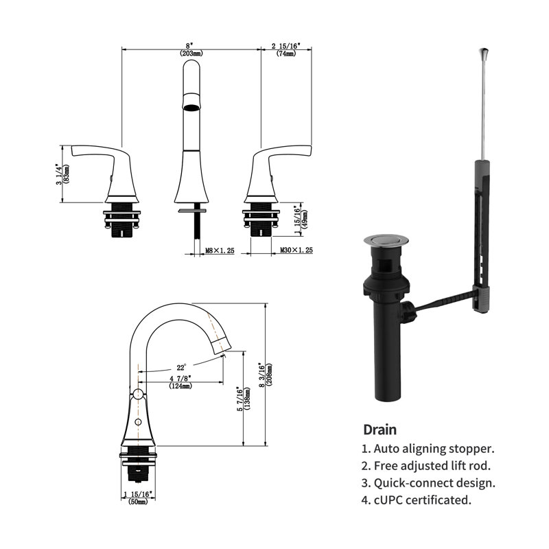 Robinet de salle de bain à large entraxe avec bonde, Noir mat