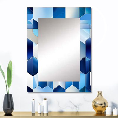 Minimalist White And Blue Polygons Geometric - Geometric  Decorative Wall Mirror, Geometric Mirror, Printed Metal Art
