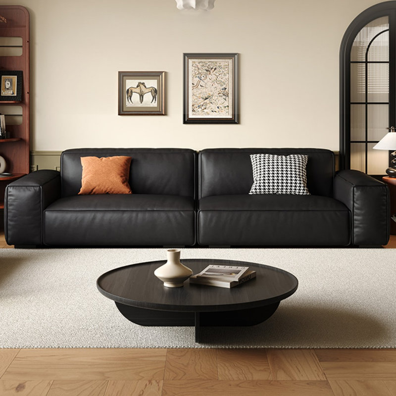 Black Genuine Leather Modular Sofa cushion couch, 27.56" H x 109.45" W x 37.01" D, Black