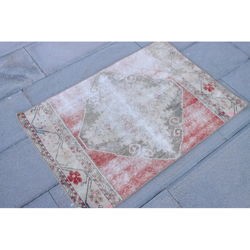 Vintage Turkish Anatolian Hand-Knotted Rug - Small Bohemian Bath Mat in Faded Red for Entryway