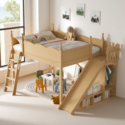 Queen Loft Bed with Storage Shelves and Wardrobe, Solid Wood Loft Beds with Detachable Slide and Ladders, No Spring Box Needed(Patent Protection)