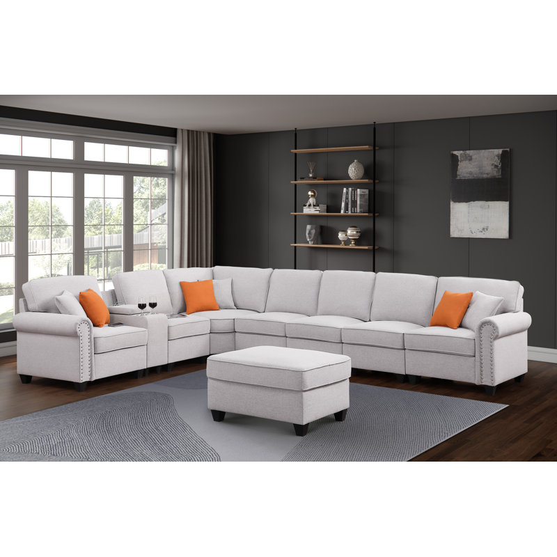 Nyellie Upholstered Sectional, Light Gray Linen Blend