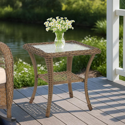 Outdoor Wicker Side Table, All-weather Rattan Patio Side Table Bistro Table With 2-tier, Tempered Glass Top Square End Table For Indoor, Balcony, Gard by Highland Dunes