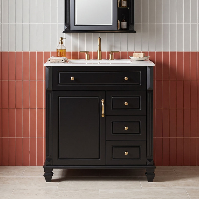 Meuble-lavabo autoportant avec comptoir en céramique, tiroir de rangement escamotable, tablette réglable et support de porte