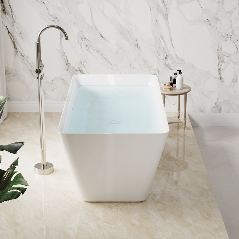 60 Inch,65-Gallon Freestanding Soaking Bathtub, 100% Pure Virgin Acrylic With Drain And Overflow,Glossy White