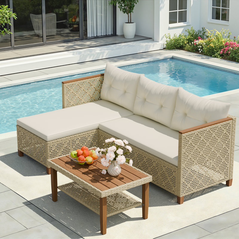 Ensemble de conversation pour chaise d'extérieur en osier 3 pièces, canapé en rotin en forme de L avec table basse en bois d'acacia pour terrasse et jardin