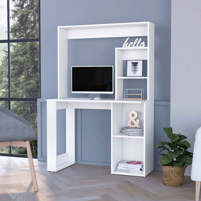 Bureau d'ordinateur avec huche et tablettes de rangement Palisades, Blanc