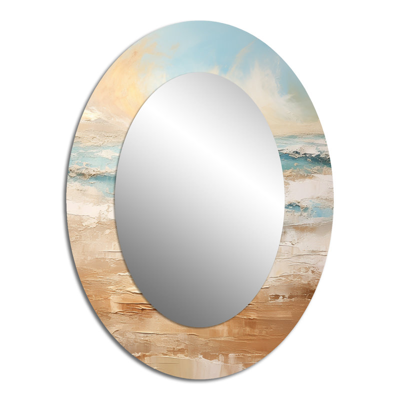 Golden And Blue Beach Tranquility II - Beige Coastal Oval Wall Mirror, 40" x 30"