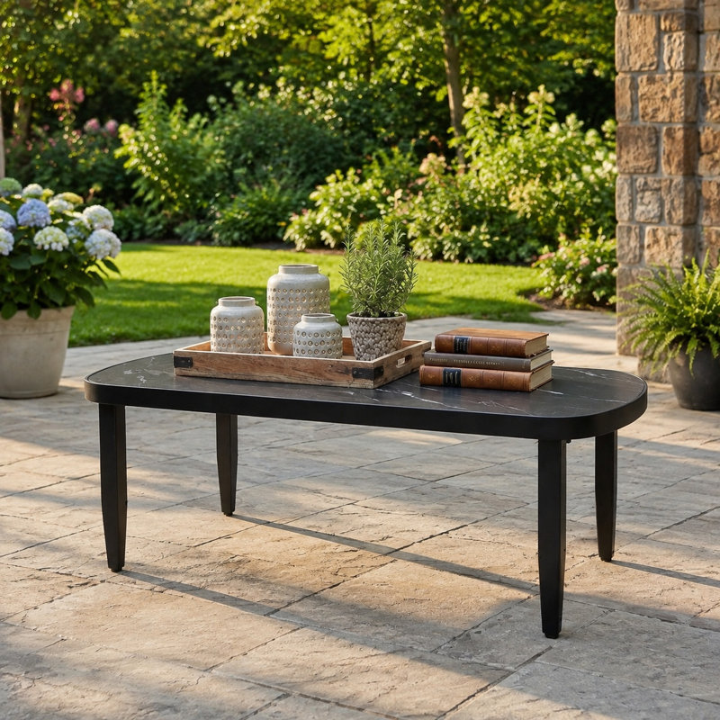 Table basse d'extérieur moderne, plateau en pierre frittée imitation marbre noir, structure en aluminium, fini noir charbon, résistant aux intempéries