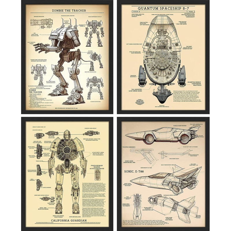" Vintage Retro Futuristic Sci-Fi Robot Android Spaceship " 4 - Pieces, 14" H x 11" W x 1" D, Black Framed