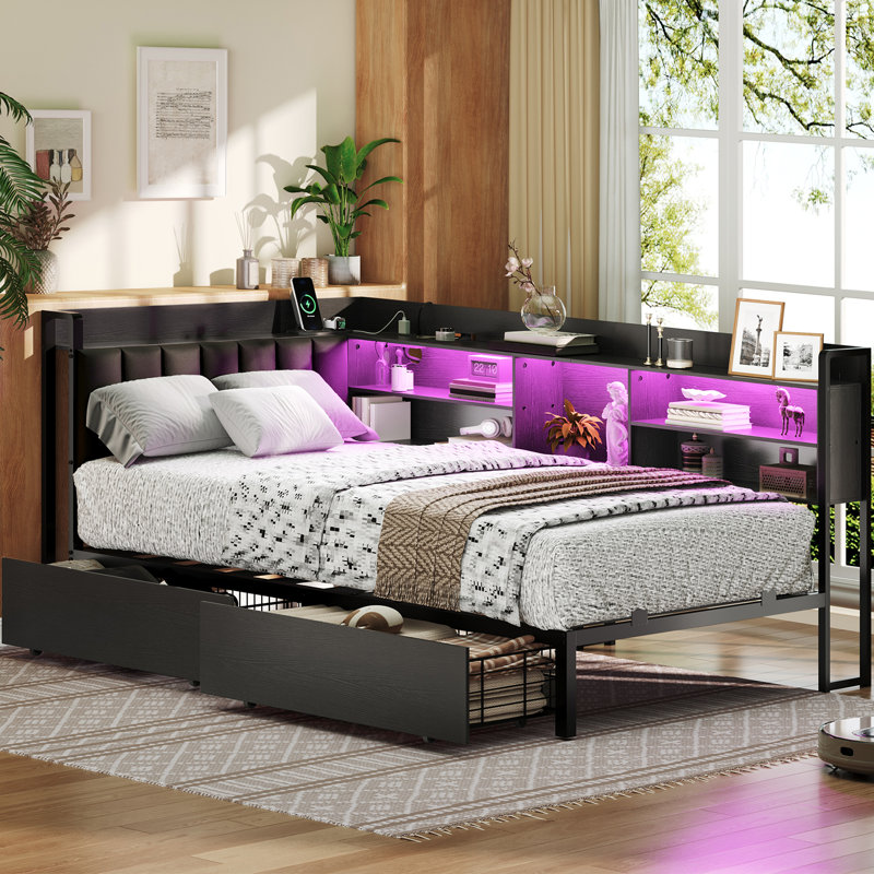 Corner Bed Frame Daybed with Bookcase Storage and PU Upholstered, Twin Size Daybed with 2 Drawers and Charging Station, Black