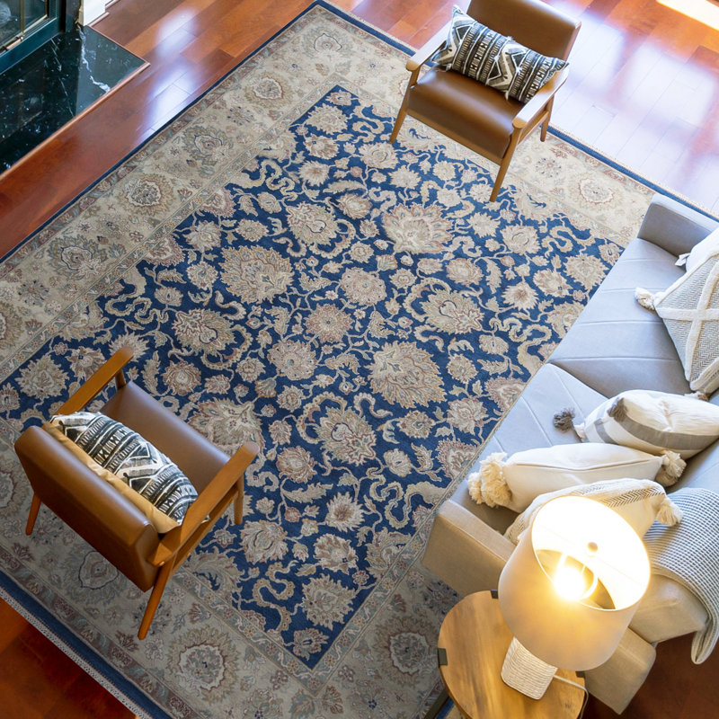 Hand-Knotted High-Quality Blue and Gold Area Rug
