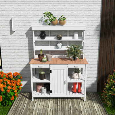 66'' Outdoor Farmhouse Wooden Potting Bench Table, Garden Workstation With 2 Drawers,Cabinet And Open Shelves, White