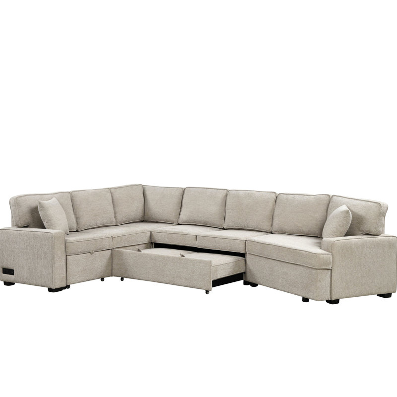 Beige en forme de L de 126 po avec lit escamotable, porte-gobelets, lit d'appoint à chargement, mobilier de chambre