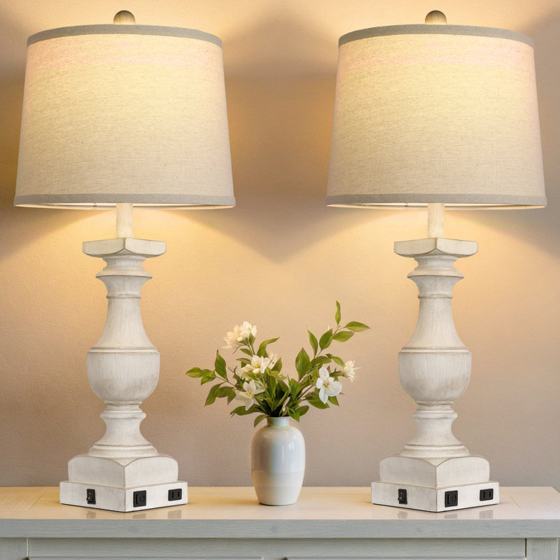 Ensemble de 2 lampes de table 28 "en blanc délavé Farmhouse avec port USB A + C pour la chambre à coucher, ampoules incluses