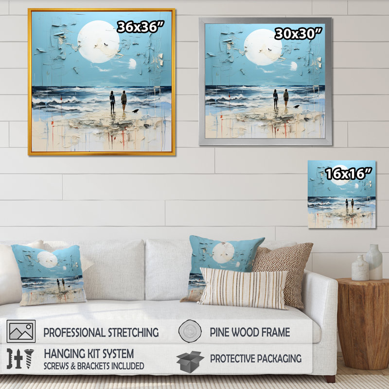 «Blue and Beige Tranquility Beach I - Coastal Minimalisme», art mural, Cadre flottant noir, 16" H x 16" W