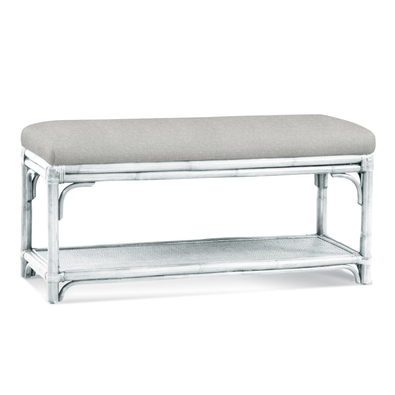 Summer Retreat Wicker Shelf Storage Bench, Frost White, Green and Blue Stripe; 0252-54