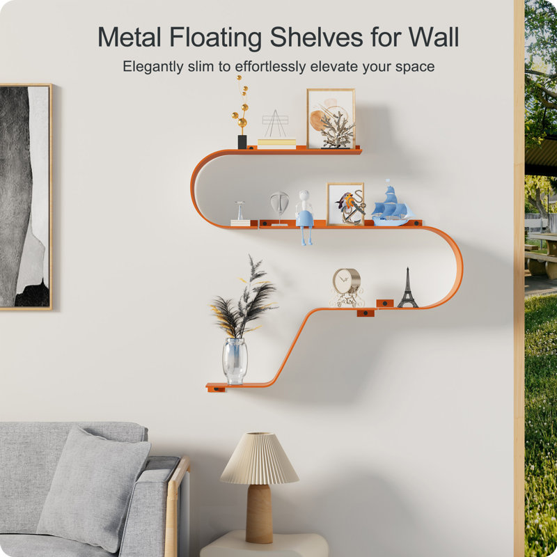 Stylish Metal Floating Shelves for Customized Wall Displays (Set of 3), Orange