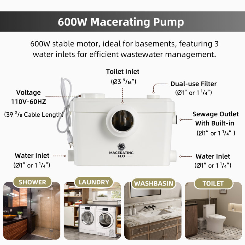 MaceratingFlo 600W Upflush Toilet for Basement with Elongated Bowl, Powerful Macerator Pump & 3 Inlets