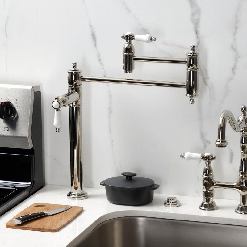 Kingston Brass Two-Handle 1-Hole Deck Mount Pot Filler Faucet, Polished Nickel/White
