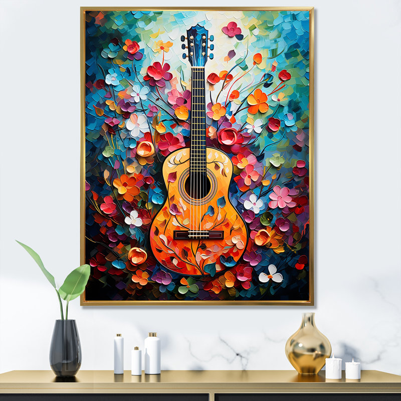«Green Foral Harmony» - art mural musique, Cadre flottant doré, H 44 po x l 34 po x P 1,5 po