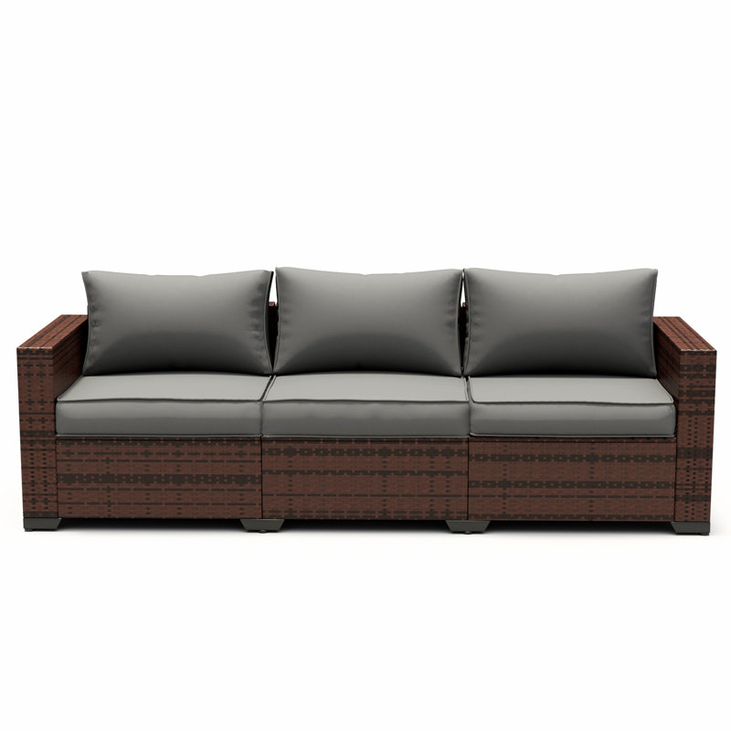 70.5'' Wide Straight Wicker Patio Sofa with Cushions, Gray, Brown