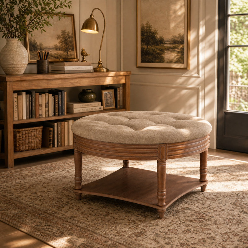 Grand repose-pieds rond | Tissu ignifuge kaki, base en placage de frêne et conception capitonnée classique