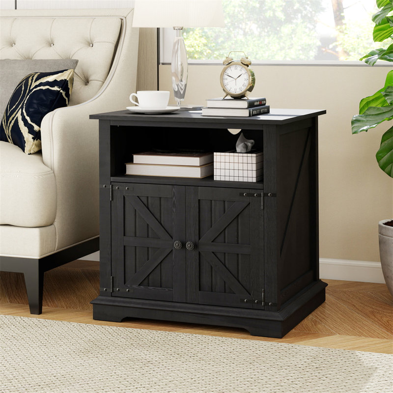 Farmhouse Nightstand With Charging Station, 24” Large End Table With Barn Doors, Black, Set of 2