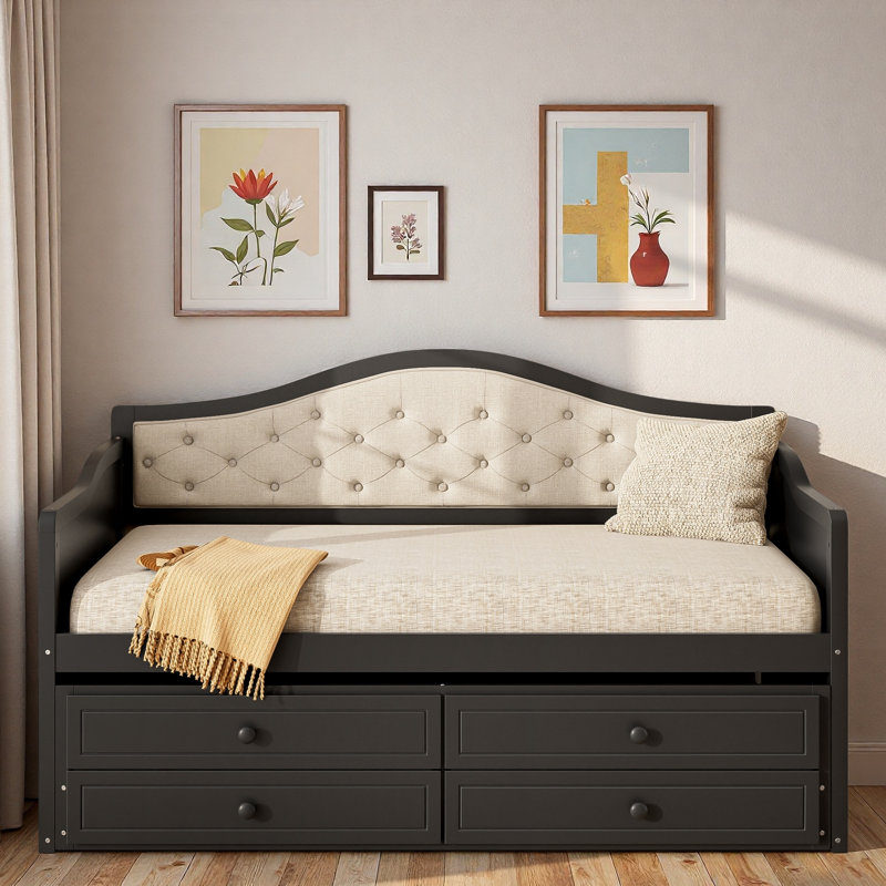 Wooden Daybed With Trundle, 2 Storage Drawers And Upholstered Button Tufted Backrest, Black