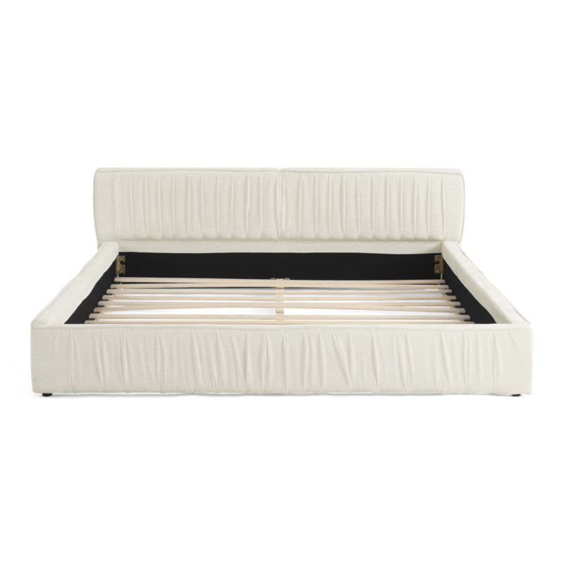 Structure de lit tapissier avec tissu en chenille et motif plissé, lit plateforme avec tête de lit et structure solide, aucun sommier nécessaire