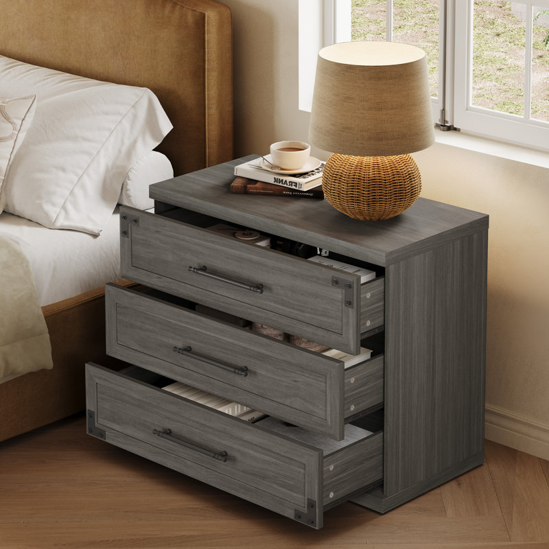 3-Drawer Industrial Wood Nightstand with Metal Handles, Ash Gray
