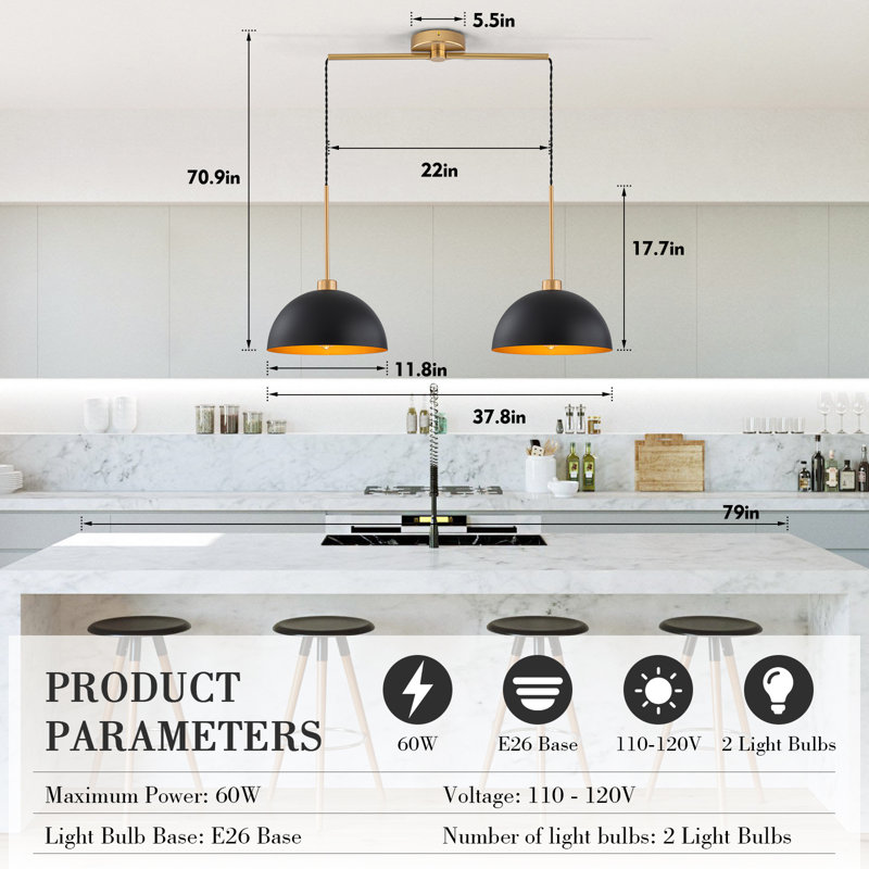 2-Light Dome Pendant Light Fixtures, 2-Light