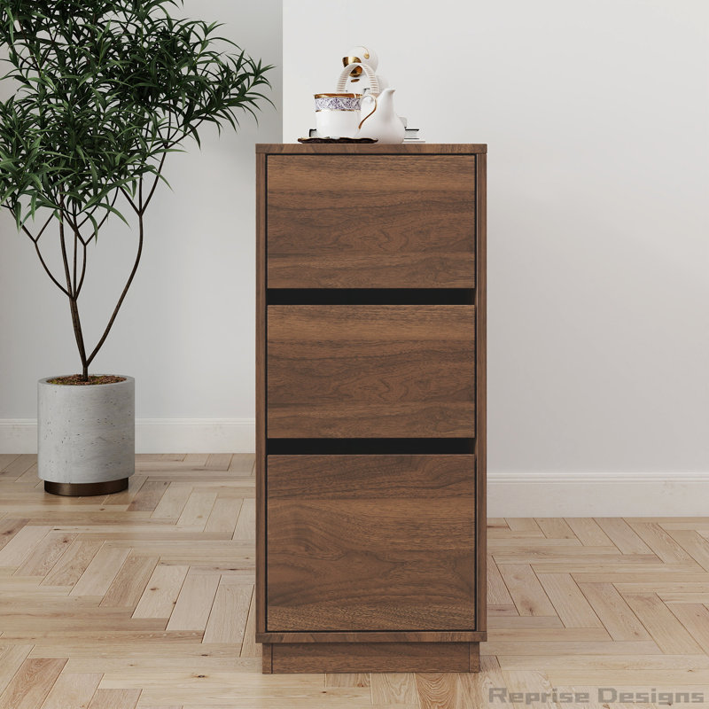 Armoire de table avec 2 portes coulissantes en verre et 3 tiroirs latéraux