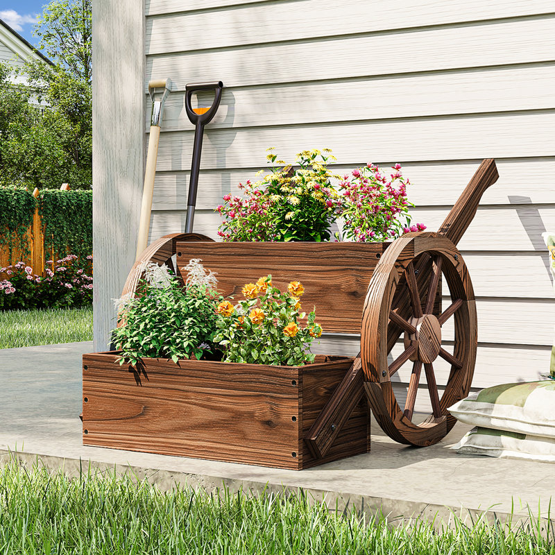 Wooden Wheelbarrow Planter With Wheels - Two-tier Outdoor Garden Decor For Plants And Flowers