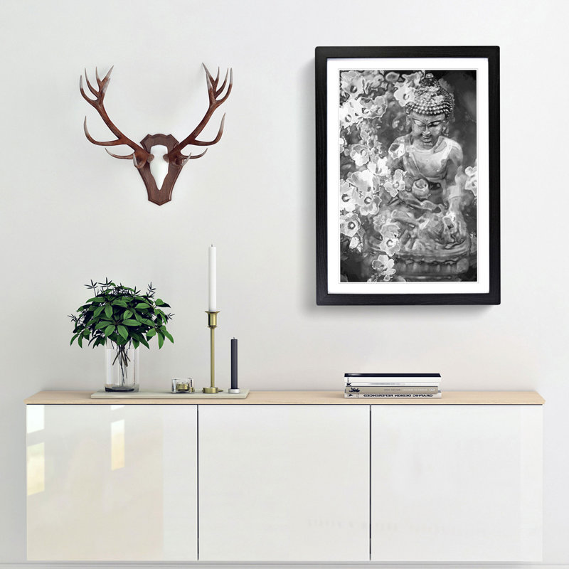 Buddha Surrounded in Abstract - Picture Frame Art Print, Black Framed, 48cm H x 36cm W x 2cm D