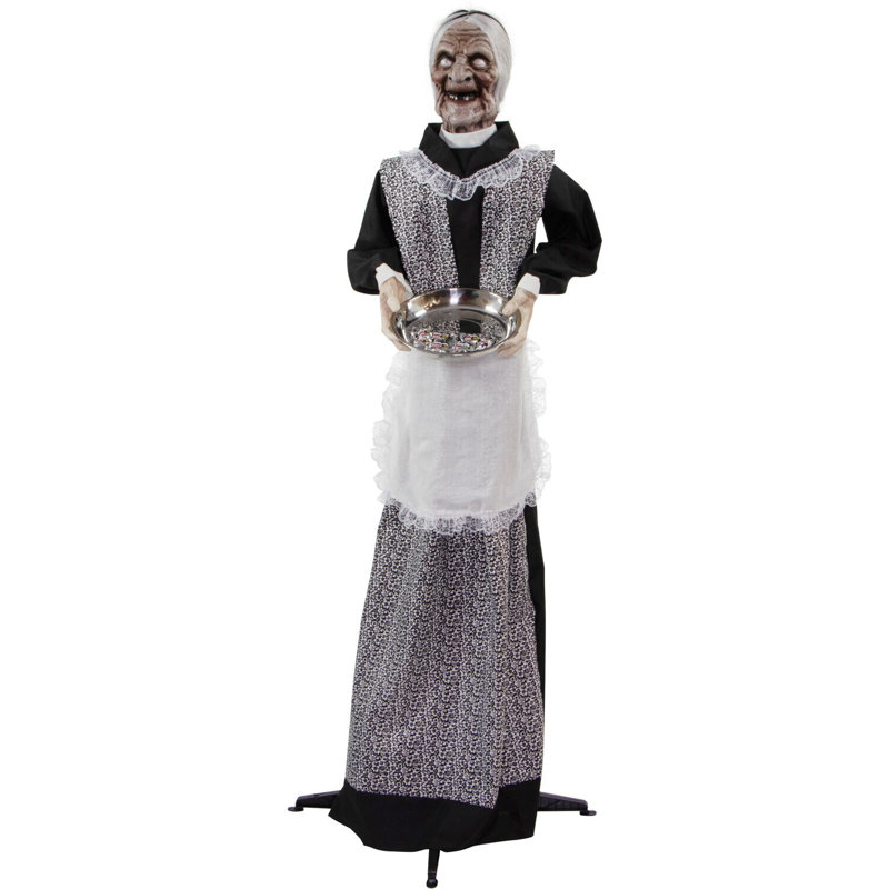 All Animatronics Haunted Hill Farm 61 In. Life-Size Animatronic, Scary Talking Zombie Maid Holding Tray with Touch Activated Lights and Sound