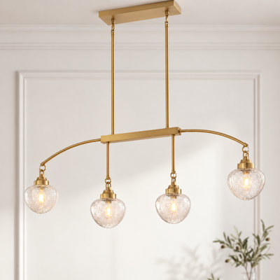 Lustre linéaire moderne 44,5 po à 4 lumières d'inspiration cerise dorée avec abat-jour en verre craquelé