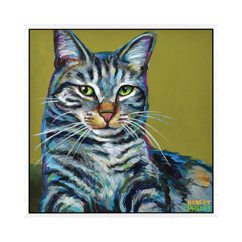 Striped Tabby On Green by Robert Phelps - Gallery-Wrapped Canvas Giclée on Canvas, 45.72 cm H x 45.72 cm W, White Framed