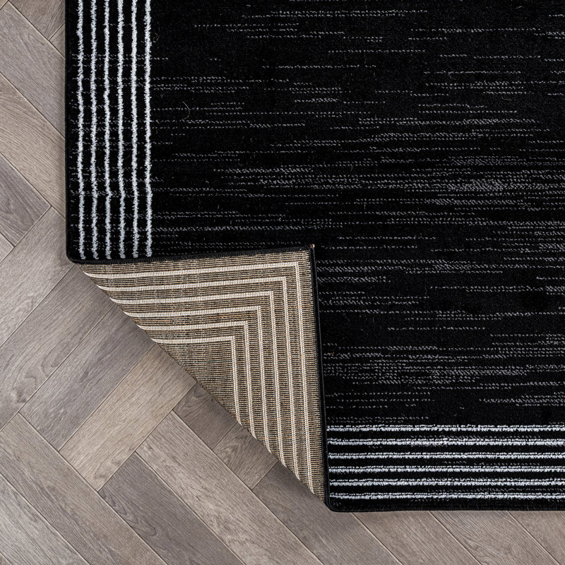 Scalloped Border Black/Cream Minimal Indoor Woven Area Rug, 4' x 6'
