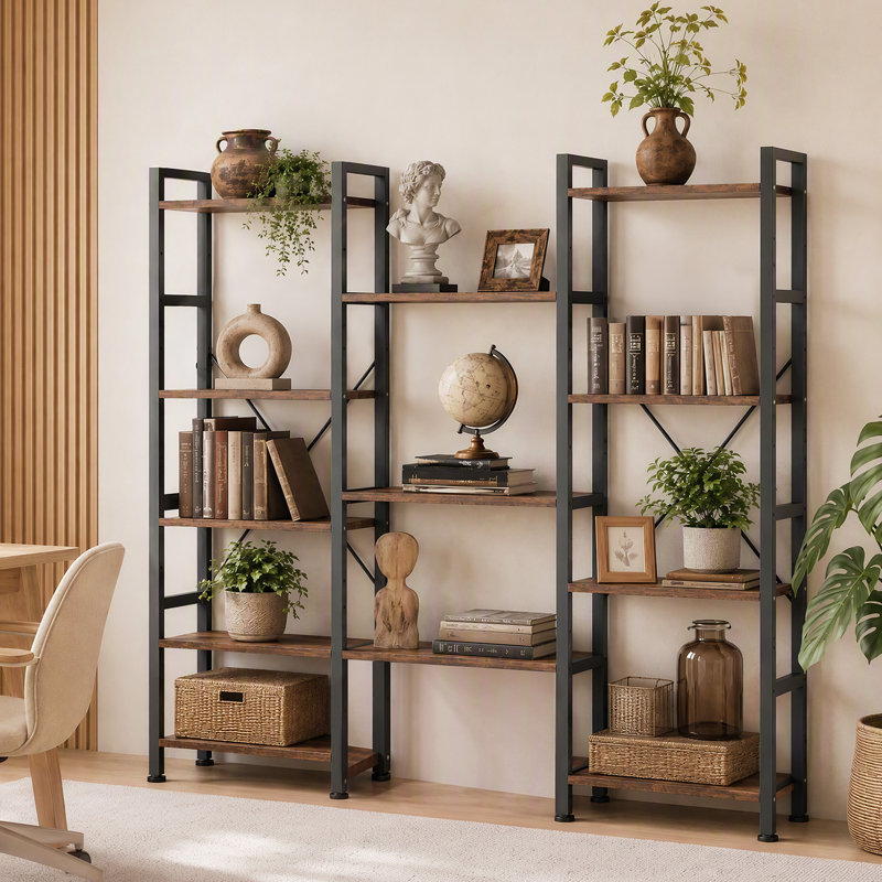 Industrial Triple Wide Bookcase, Open Display Bookshelf for Living Room, Bedroom, Home Office, Rustic Brown/Black