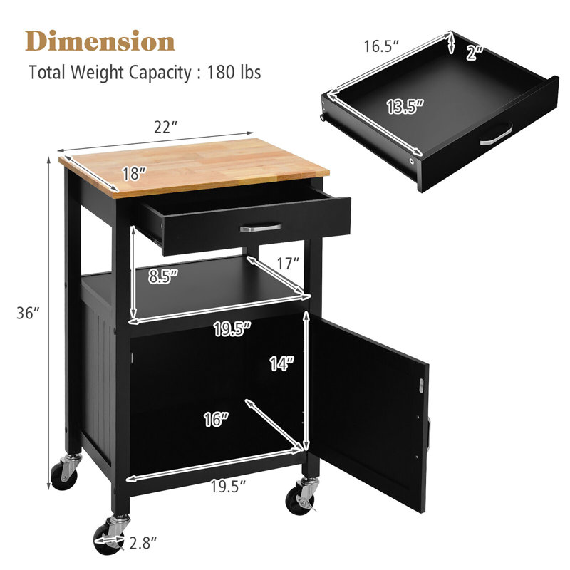 Ariahna Solid Wood Top Kitchen Cart, Black