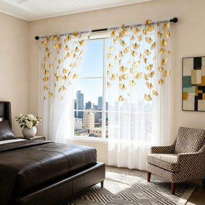 Gold Ginkgo Foil Sheer Curtains, 2 Panels, Rod Pocket For Bedroom