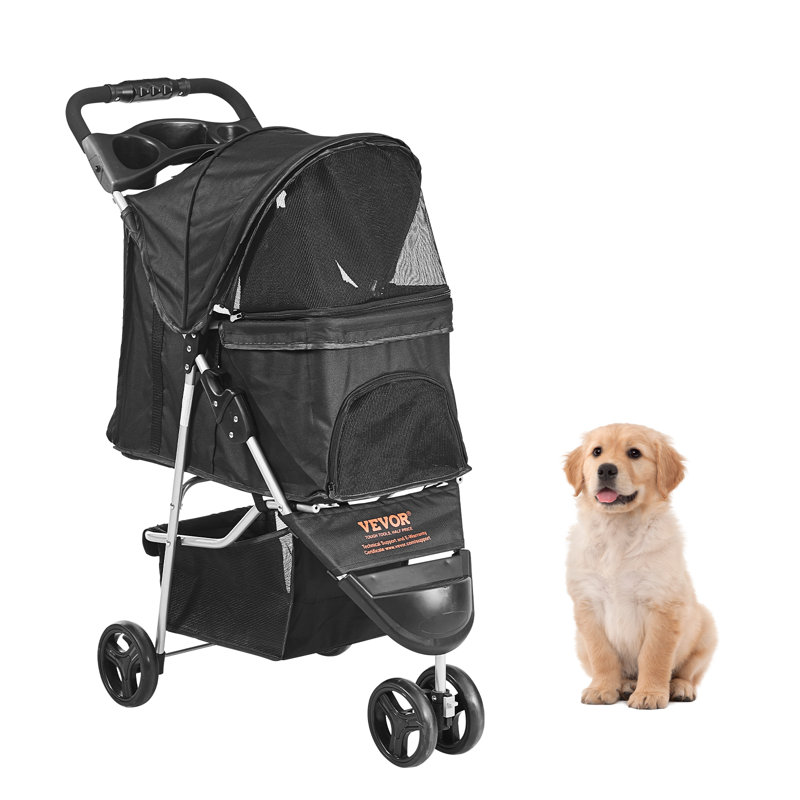 Black 3-Wheel Folding Pet Stroller with Storage Basket