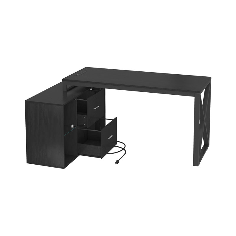 Jiahao 55'' L Shaped Reversible Desk with Charging Station & LED Lights, Black