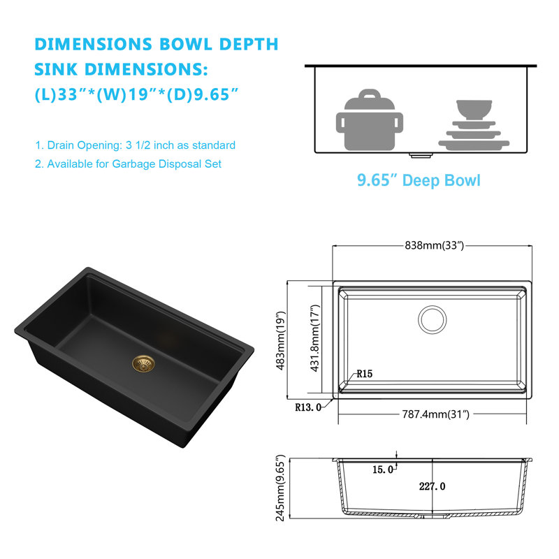 33''L x 19''W Quartz Undermount Workstation Kitchen Sink, Matte Black Single Bowl Kitchen Sink with Sink Grid, Strainer, Colander, Cutting Board and Roll-up Rack