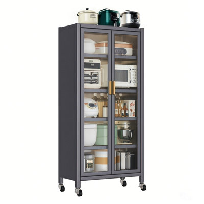 65" Kitchen Pantry Storage Cabinet, 6 Tier Metal Display Storage Cabinet With Transparent Door, Adjustable Shelves & Wheels, Food Pantries Cabinets, F by Latitude Run