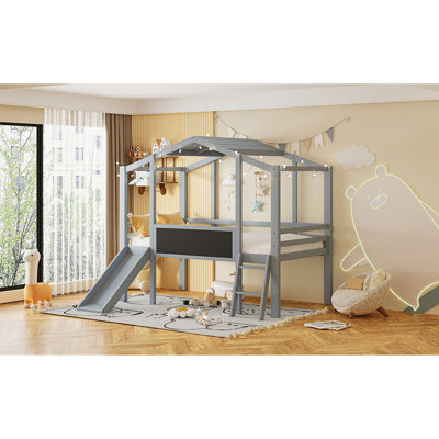 Loft Bed with Ladder and Slide, House Bed withboard and Light Strip on the Roof
