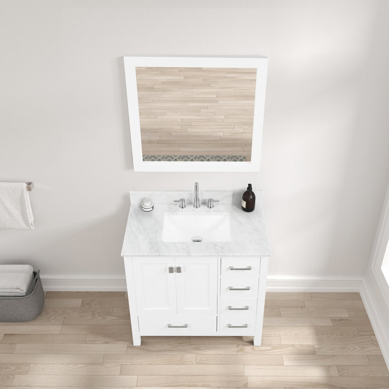 Ensemble de meuble-lavabo simple 37 po Degraaf avec plateau en marbre de Carrare et miroir, Blanc