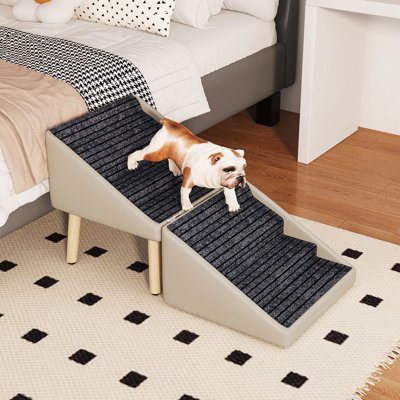 Rampe pour chien pour lit et canapé, escalier pour chien d'une hauteur de 22,83 pouces pour les chiens de grande / moyenne / petite taille, marchepied pliable en bois 2 en 1 pour chiens plus âgés et blessés, conception avec repose-pieds divisé, surface antidérapante (gris clair)