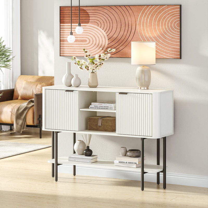  47" Modern Fluted Console Table with Storage Cabinet and Open Shelf, Gray